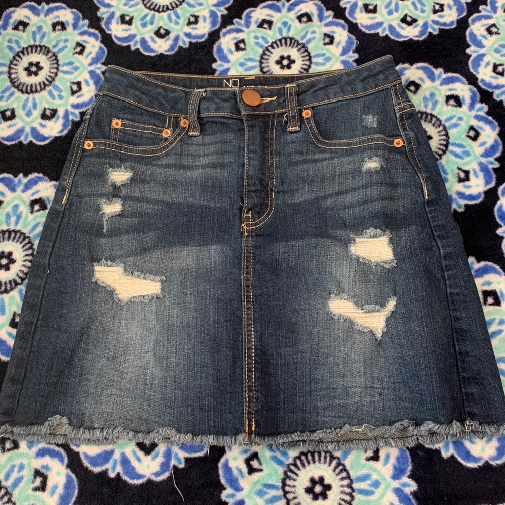 Dark distressed blue jean skirt
